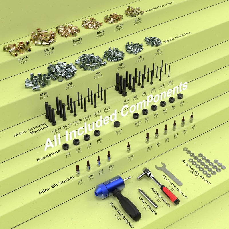 WelderElite Store Rivet Nut Drill Adapter Kit - Dual Drive Modes: Drill/Ratchet, with 270pcs Nuts & 36pcs Mandrels (Blue) - Image 2